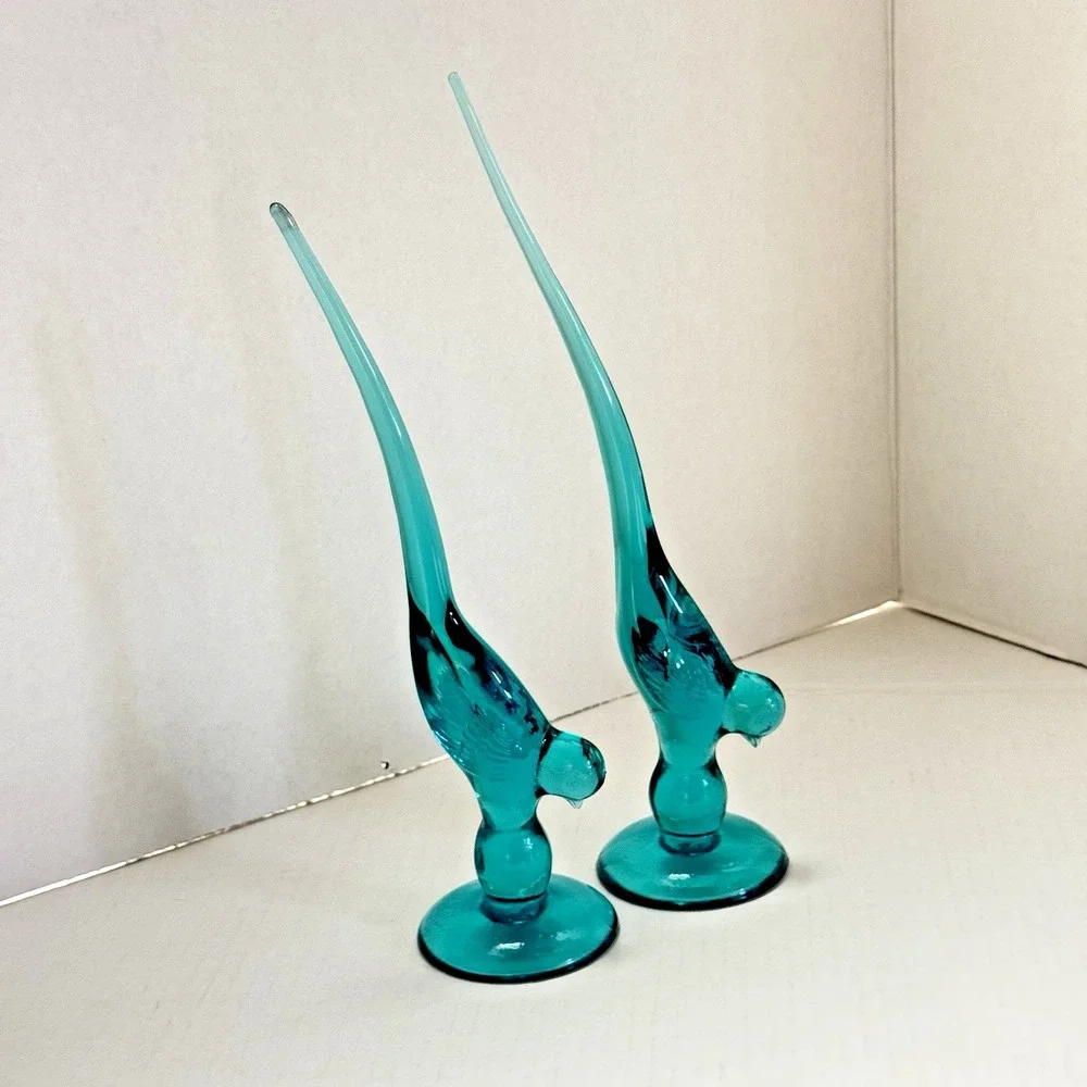 Lot Of 2 Vintage Long Tail Birds Turquoise Glass 9 3/4
